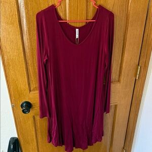 Burgundy Long Sleeve V-Neck Swing Dress